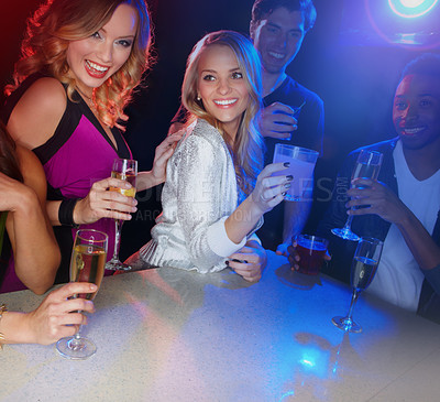 Buy stock photo Dance, cheers and friends with alcohol in nightclub for fun, adventure and disco party together. Celebration, excited and group of people with cocktail drinks for happy hour at event for socializing.