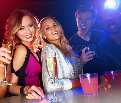 Buy stock photo Fun, cheers and portrait of friends with alcohol in nightclub for celebration, adventure and disco party together. Group, excited and people with cocktail drinks for happy hour at social event.