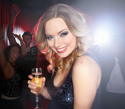 Buy stock photo Party, champagne and portrait of woman in nightclub for celebration, new years and social event. Music, alcohol and face of happy girl enjoy festival, dance and happy hour at rave, disco and club