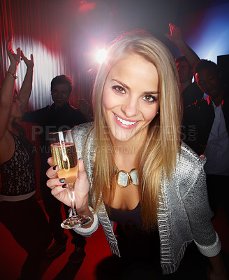 Buy stock photo Portrait of happy woman, nightclub and drinks at party, celebration and new years evening in Russia. Young girl, night club and disco to enjoy drinking, happy hour and celebrate fun with wine glass 