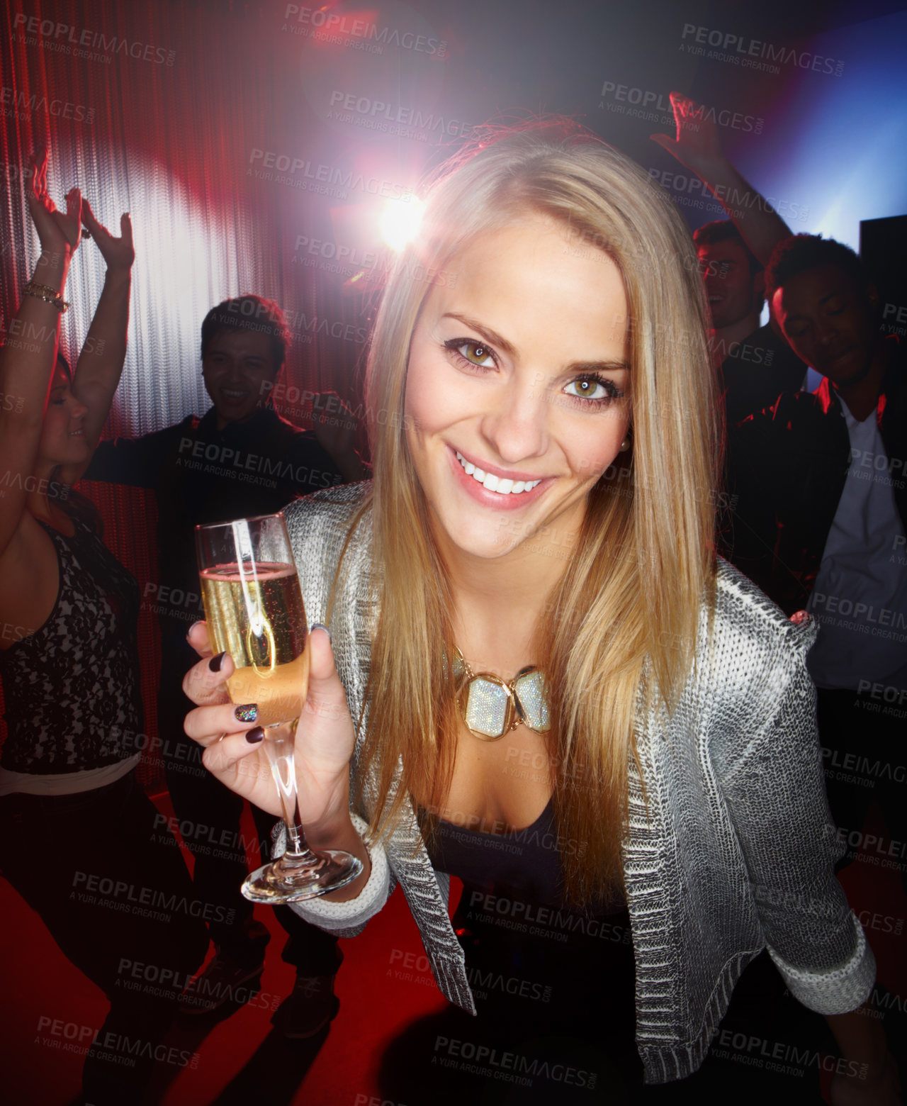 Buy stock photo Portrait of happy woman, nightclub and drinks at party, celebration and new years evening in Russia. Young girl, night club and disco to enjoy drinking, happy hour and celebrate fun with wine glass 