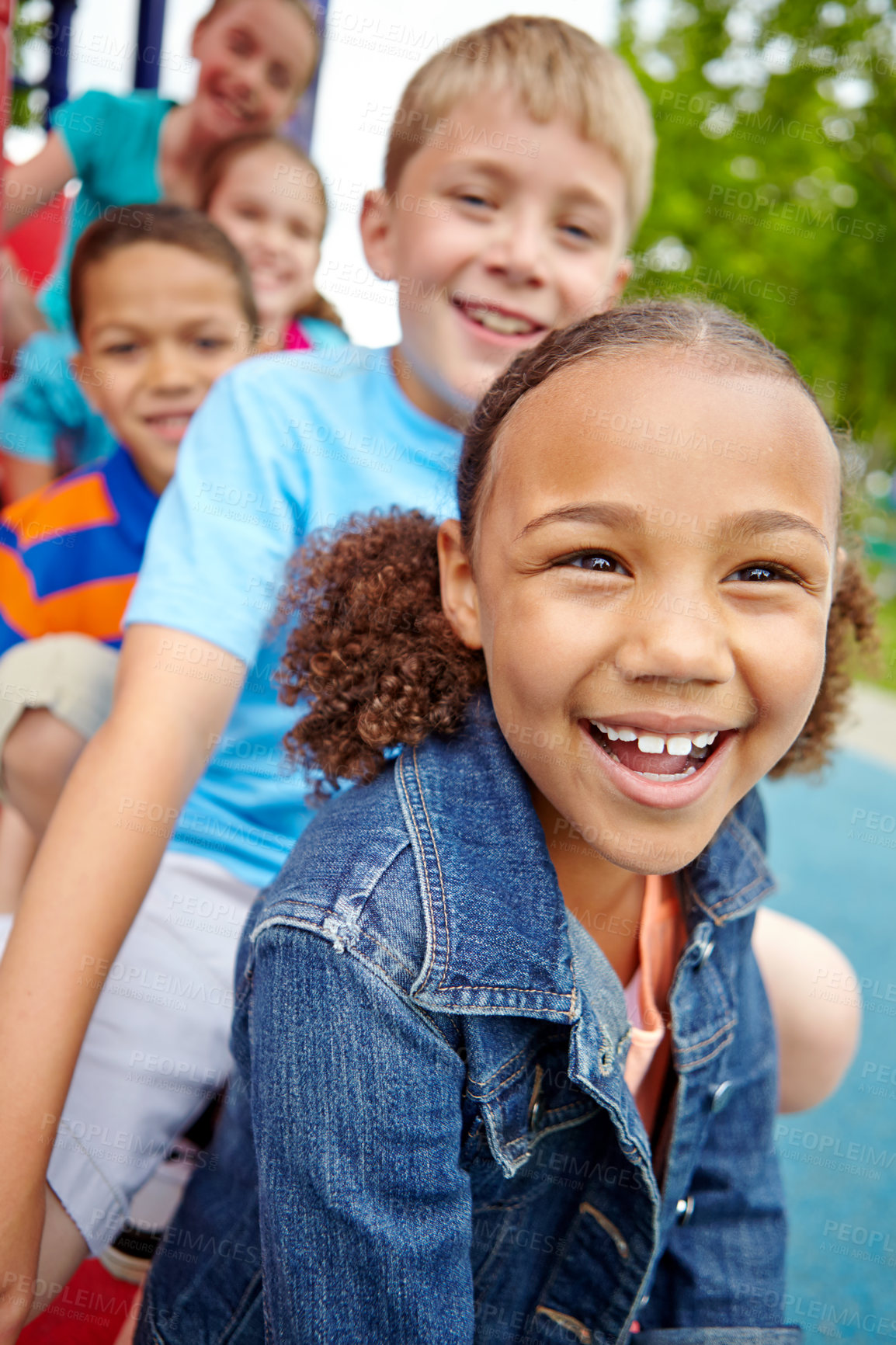 Buy stock photo Happiness, kids and girl with portrait, slide and entertainment with game, weekend activity and joy. Funny, outdoor and friends with energy, playground and children with smile, fun and cheerful