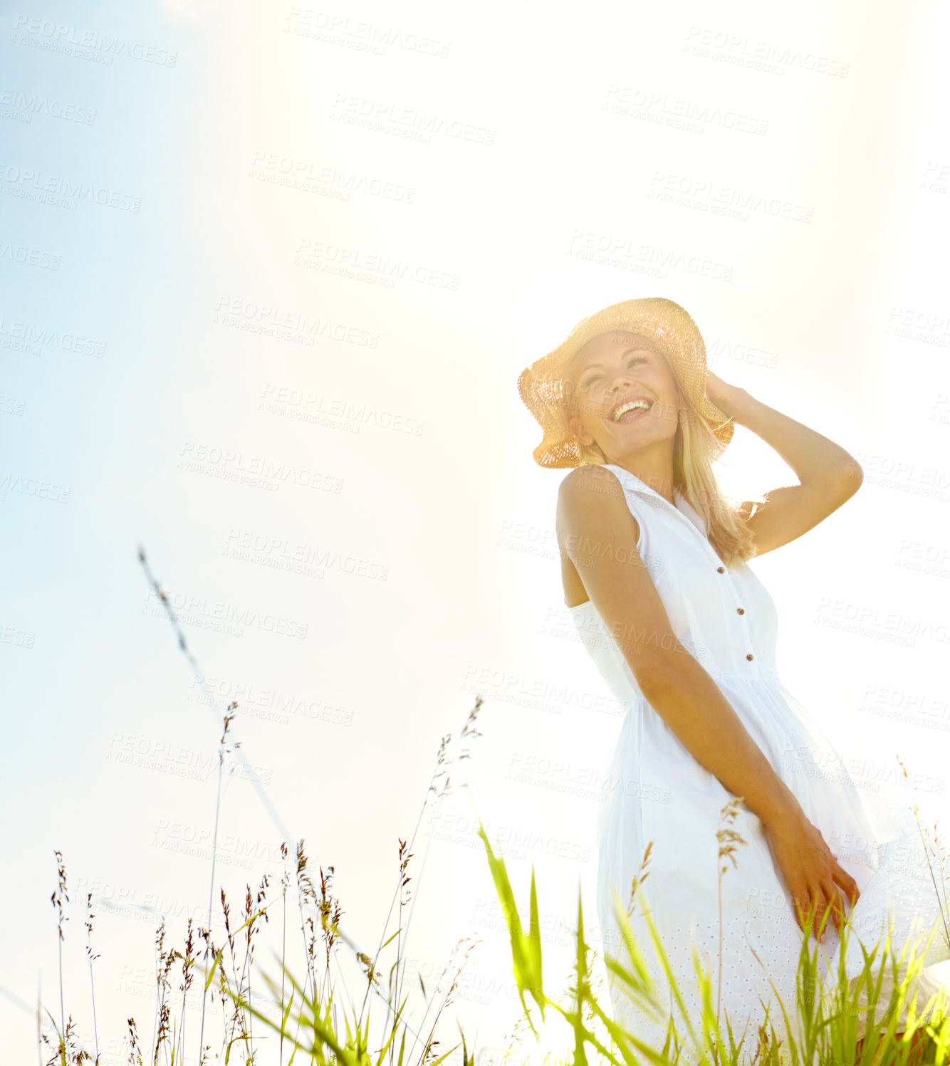 Buy stock photo Fashion, idea and smile of woman in countryside for biodegradable, organic or sustainable clothing. Eco textile, thinking and zero waste with happy person outdoor in nature for cruelty free style