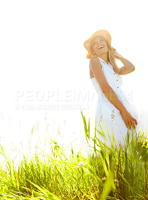 Buy stock photo Fashion, laughing and thinking with woman in countryside for biodegradable, organic or sustainable clothing. Ecology, green and zero waste with funny person outdoor in nature for cruelty free style