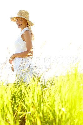 Buy stock photo Fashion, happy and portrait of woman in countryside for biodegradable, organic or zero waste clothing. Eco textile, smile and sustainability with person walking outdoor in for cruelty free style