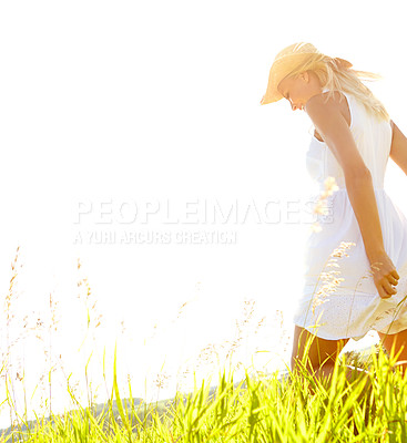 Buy stock photo Fashion, smile and walking with woman in nature for biodegradable, organic or sustainable clothing. Eco textile, space and zero waste with happy person outdoor in countryside for cruelty free style