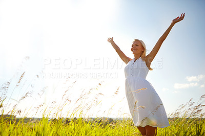 Buy stock photo Freedom, nature and woman with open arms on vacation for travel, holiday and mockup space on sky. Outdoor, peace and person with hands outstretched for fresh air, adventure and smile in countryside