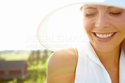 Buy stock photo Smile, hat and woman outdoor on holiday, vacation and travel on adventure. Tourism, nature and happy female person with accessory for fashion, protection or trendy summer style on trip in countryside