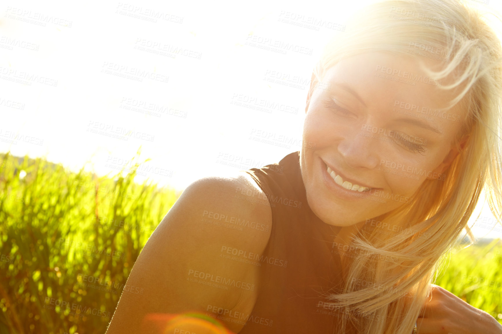 Buy stock photo Happy, travel and woman in nature for summer with self discovery, freedom or peaceful lifestyle. Smile, countryside and female person relax in field of grass for calm, mindfulness or personal growth.