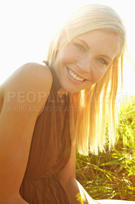 Buy stock photo Happy, travel and portrait of woman in nature for summer with discovery, freedom or peaceful lifestyle. Smile, countryside and female person relax in field of grass for mindfulness or personal growth