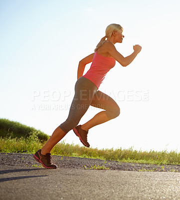 Buy stock photo Woman, profile and mountain running with fitness for cardio workout or exercise on street in nature. Active, female person or runner with sprint for outdoor training, endurance or stamina on asphalt