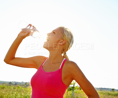 Buy stock photo Woman, fitness or drinking with water bottle in nature for break, rest or hydration in countryside. Thirsty, female person or runner with mineral liquid or aqua for natural sustainability or recovery