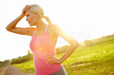 Buy stock photo Tired, thinking and woman with headache, break and serious for wellness with exercise, rest or runner. Outdoor, exhausted and athlete with fatigue in nature, migraine or fitness with workout for race