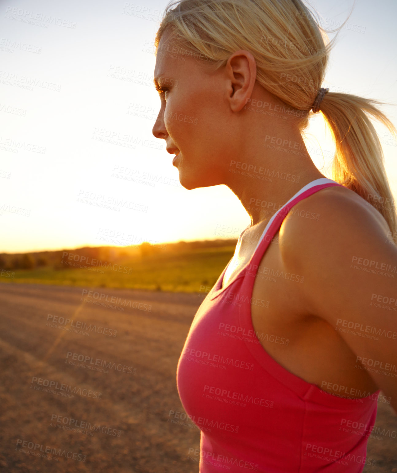 Buy stock photo Break, runner and woman in nature, healthy and thinking of exercise for marathon, outdoor and road. Space, fitness and rest for person in morning, athlete and practice for competition with workout