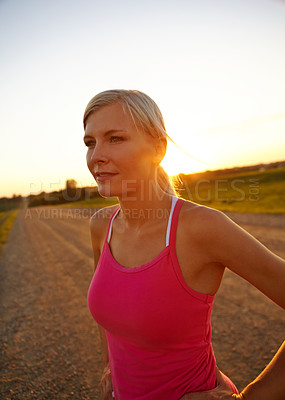 Buy stock photo Field, tired runner or woman thinking of sunrise in fitness training, workout or sports exercise in park. Resting, health ideas or exhausted athlete with fatigue in running and jogging performance