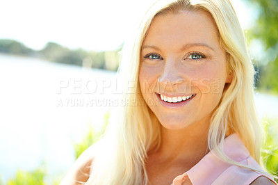 Buy stock photo Woman, smile or portrait in nature for relax, summer holiday or break on walk in park. Girl face, happy or outdoor space in Australia for wellness, fresh air or vacation in environment for self care