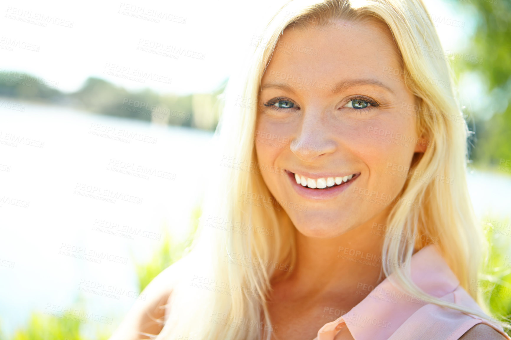 Buy stock photo Portrait of a beautiful blonde outside with copyspace