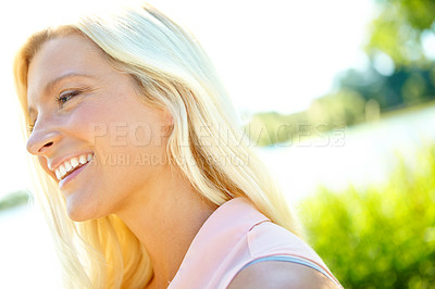 Buy stock photo Woman, happy and thinking in nature for relax, summer vacation and break on walk in park. Girl face, smile and outdoor in Australia for wellness, reflection and travel in environment for self care