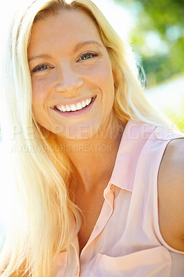 Buy stock photo Woman, portrait and smile in nature for relax, stress free and positivity in Australia. Girl, happy face or outdoor in sunshine for travel, fresh air or summer vacation with me time for mental health