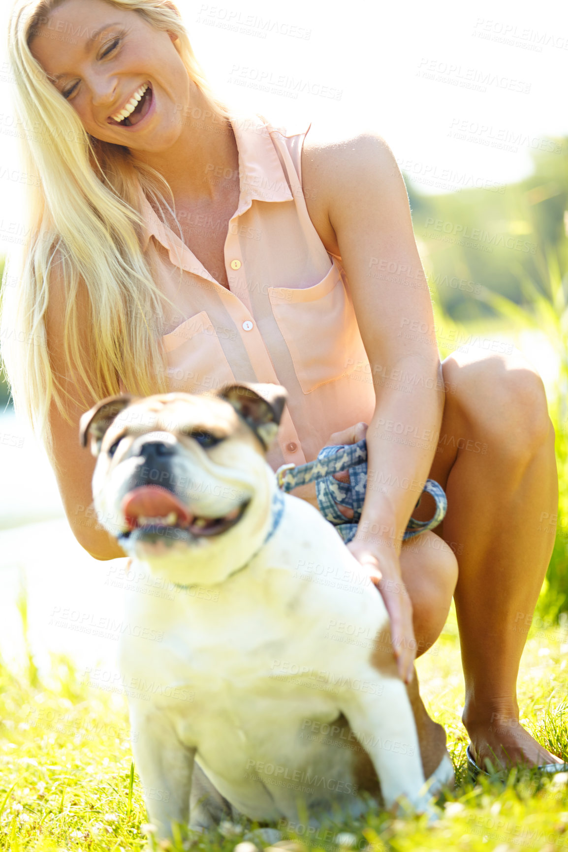 Buy stock photo Companion, laughing or love with woman and dog outdoor in park together for bonding, training or walk. Funny, health or vitality with bulldog and pet owner in nature for summer activity or exercise