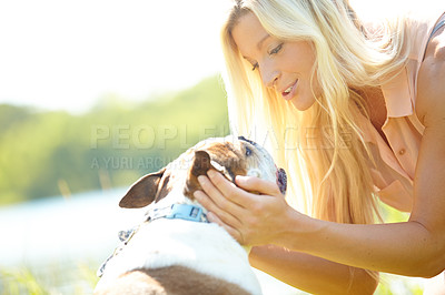 Buy stock photo Companion, love or pet with woman and dog outdoor in park together for bonding, training or walk. Cuddle, friends or wellness with bulldog and owner in nature for summer activity or exercise