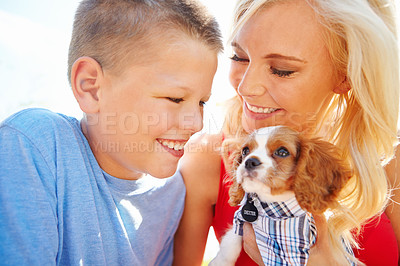 Buy stock photo Shot of a mother handing her son a puppy 