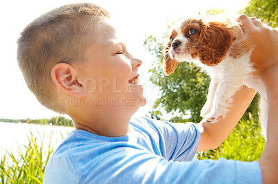 Buy stock photo Shot of a happy boy holding up a cute puppy while he stands outside