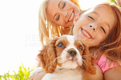 Buy stock photo Portrait of a mother, daughter and puppy enjoying a sunny day together