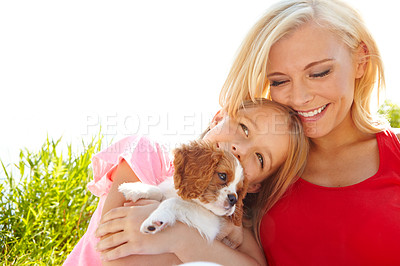 Buy stock photo Mother, child and dog in nature after adoption, puppy care and bonding together with happiness. Outdoor, woman and girl with pet animal for companion, share moment and connection by mockup space