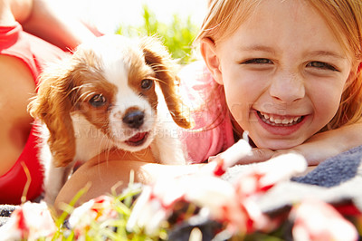 Buy stock photo Puppy, love and laugh with family in park for pet training, animal care and bonding. Happiness, loyalty and smile with mother and child with cocker spaniel dog for youth, relax and playful together