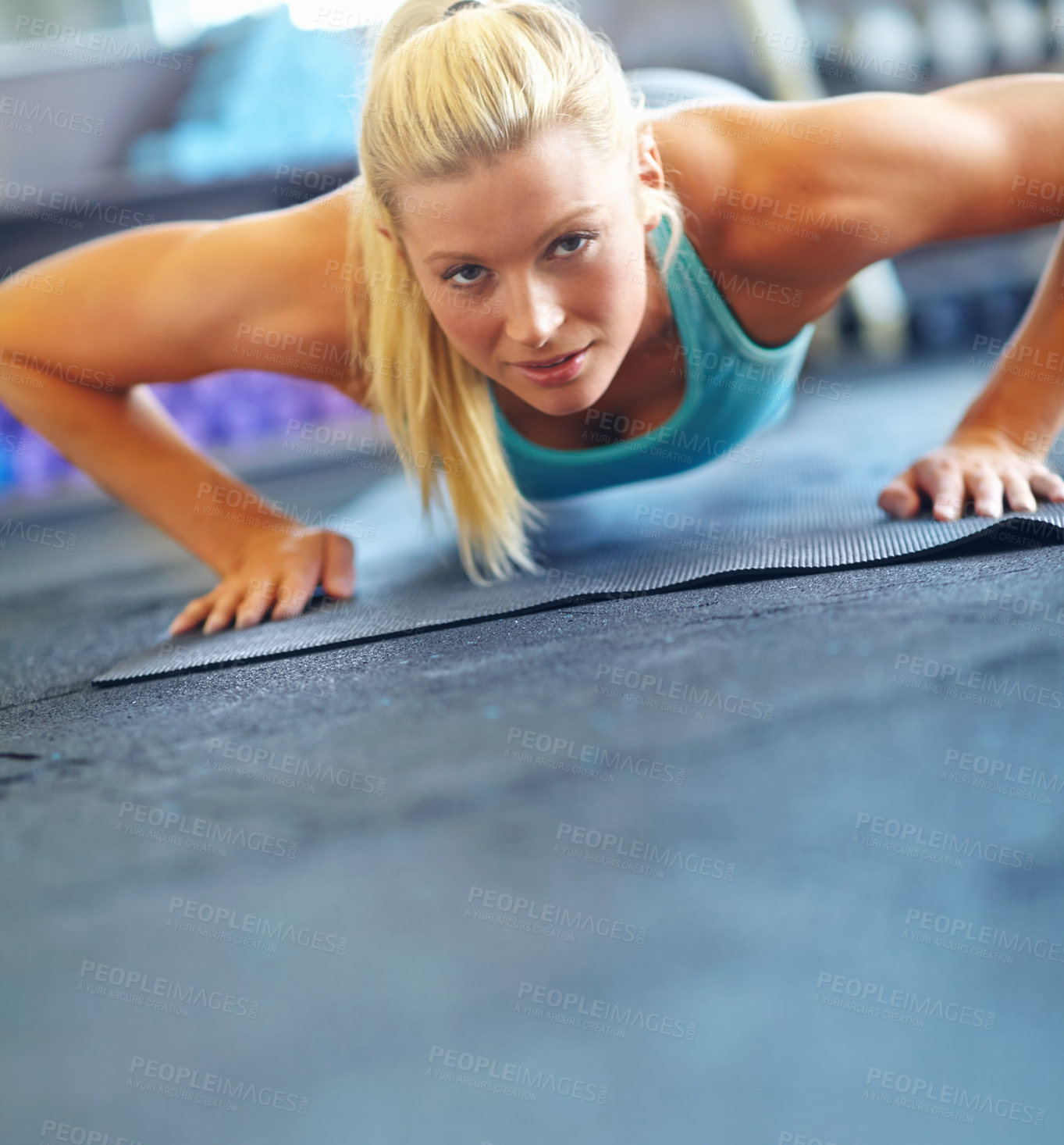 Buy stock photo Female athlete, push ups and portrait for sports, exercise and fitness for workout with yoga mat or balance. Woman, plank and performance in gym for training, strong muscle and toned body at pilates