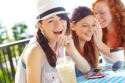 Buy stock photo Girls, laughing and friends at cafe for coffee, gossip and sharing secrets. Smile, conversation and group of teens speaking, chatting and relaxing with tea, funny jokes and friendship at outdoor shop