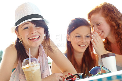 Buy stock photo Girls, smile and friends at cafe for coffee, gossip and sharing secrets. Laugh, conversation and group of women speaking, chatting and relaxing with tea, funny jokes and friendship at outdoor shop