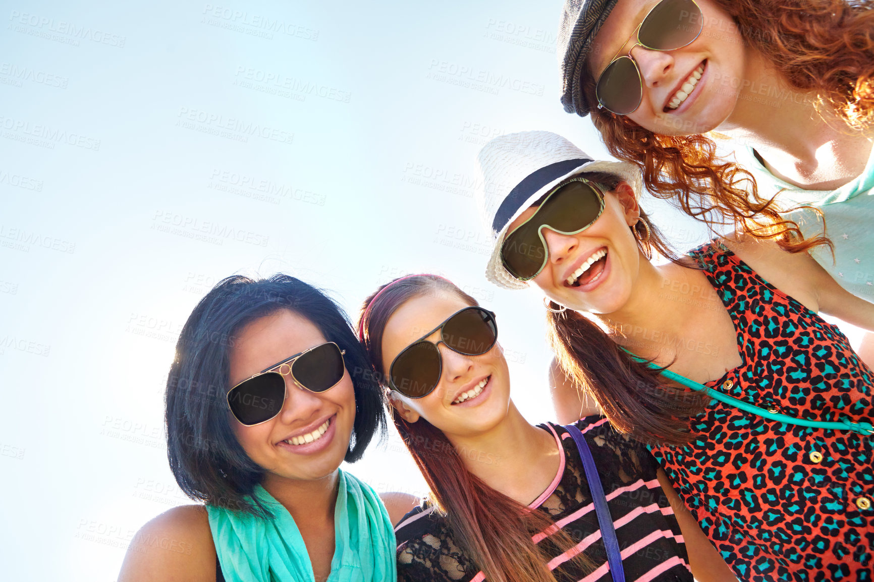 Buy stock photo Happy, sunglasses and portrait of friends with blue sky for holiday, vacation and weekend. Fashion, teenagers and girls with smile, summer style and trendy clothes for bonding, relax and fun together