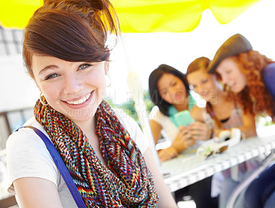 Buy stock photo Portrait, smile and girl with fashion outdoor for friends reunion, social gathering and bonding together. Happy, teens and people with retro clothes for school break, summer getaway or holiday picnic