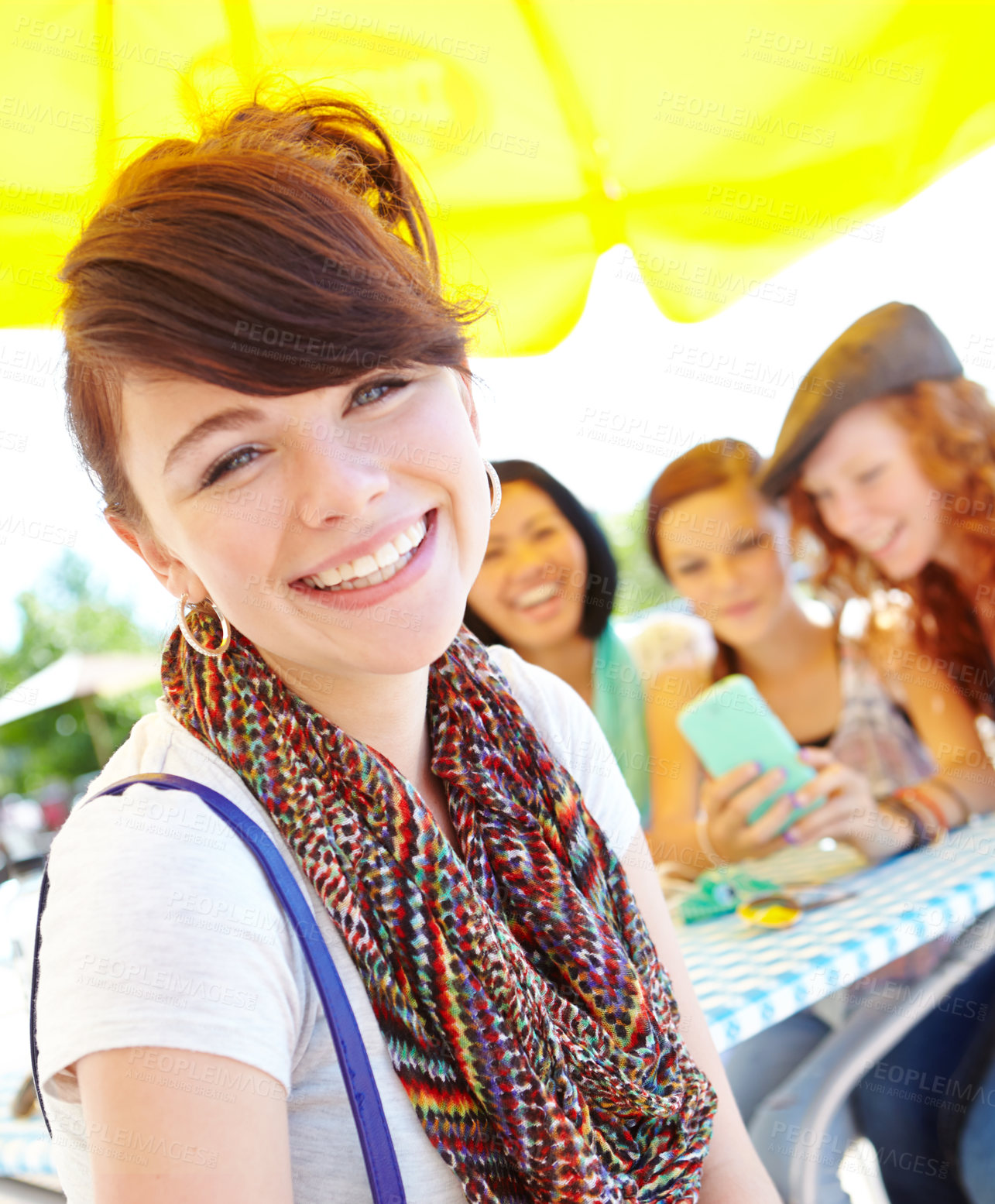 Buy stock photo Portrait, smile and girl with friends outdoor for reunion, social gathering and bonding together. Happy, teenager and people with friendship loyalty on school break, summer getaway and holiday picnic