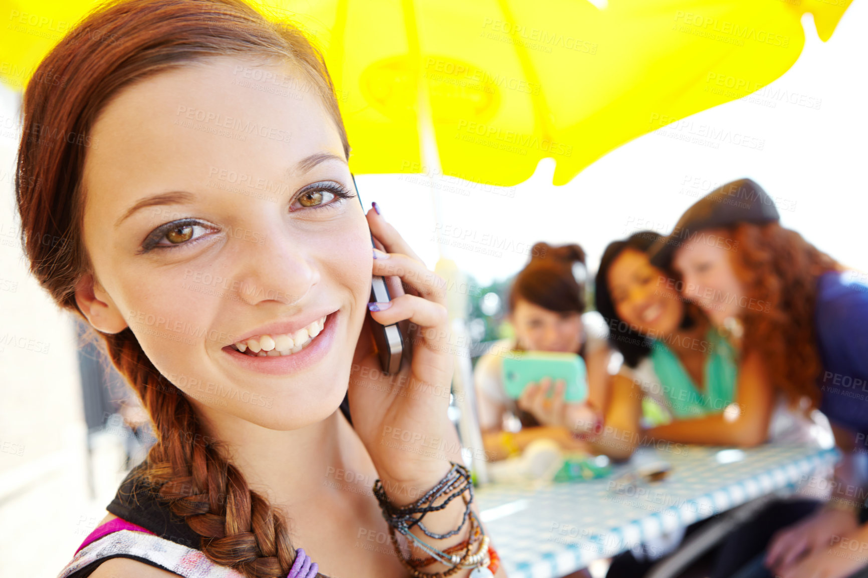 Buy stock photo Girl, phone call and outdoor cafe for communication, online and speaking to friends for bonding at bistro. Person, restaurant and weekend for app conversation, talking and portrait at coffee shop