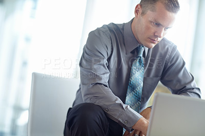 Buy stock photo Business, thinking and man with laptop, solution and online reading for stock market. Person, investor and employee in modern office, computer and research for investment, email and accounting