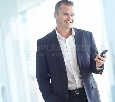 Buy stock photo Business man, portrait and phone for good news, networking and company pitch or proposal in office. Entrepreneur, smile and mobile for corporate contact, negotiation and trading investment with app