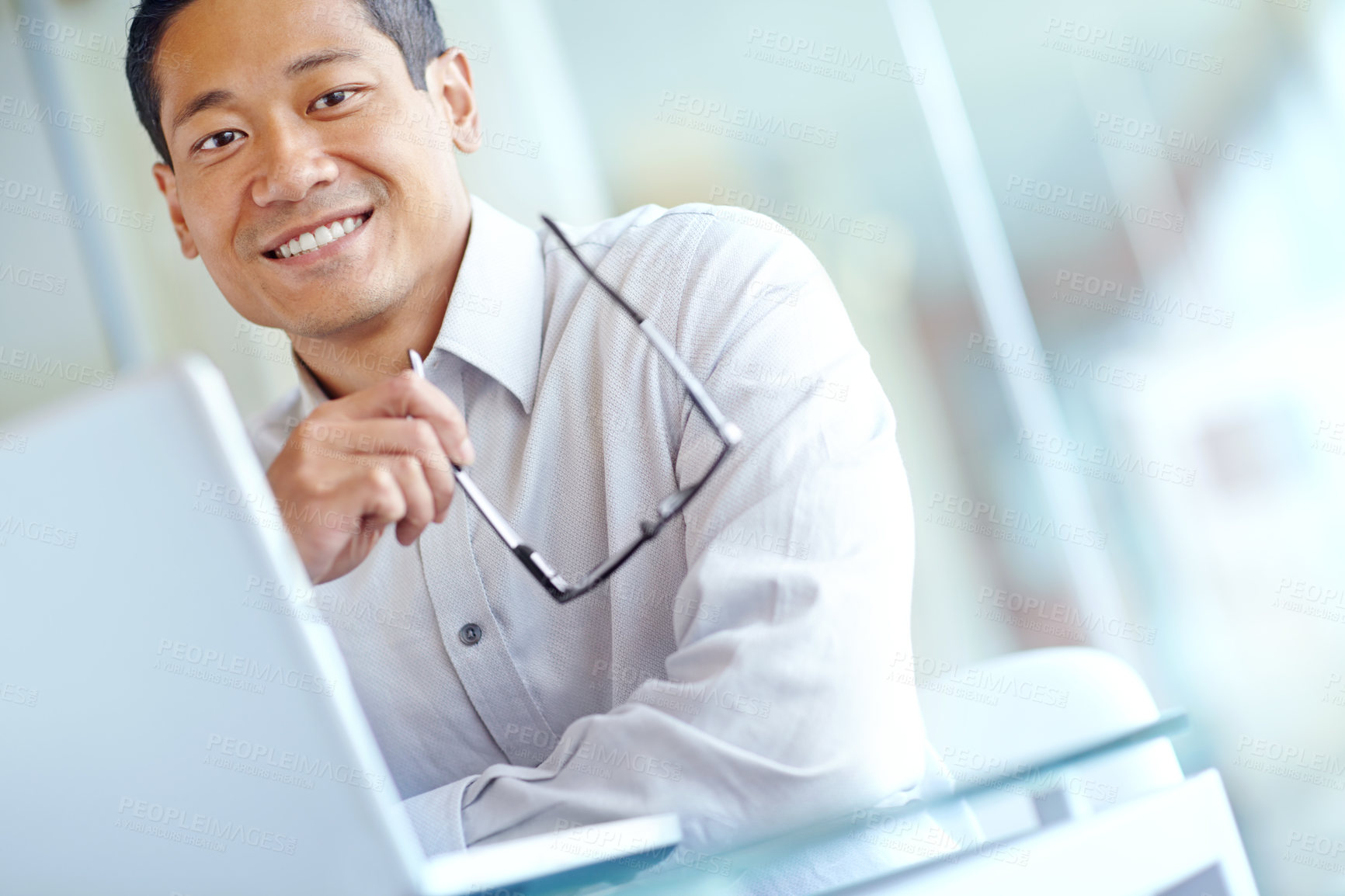 Buy stock photo Business, man and portrait with glasses in office for stock market, trading research and financial website. Asian trader, laptop and idea of investment deal, banking feedback and exchange information