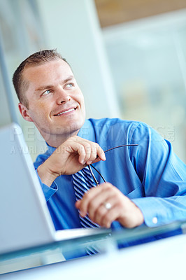 Buy stock photo Business, thinking and man with laptop, ideas and planning for inflation, thought and choice. Happy person, investor and employee in modern office, pc and research for investment, email or decision