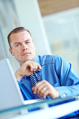 Buy stock photo Portrait, corporate and man with glasses in office for stock market, trading research and financial website. Male trader, laptop and idea of investment deal, banking feedback and exchange information