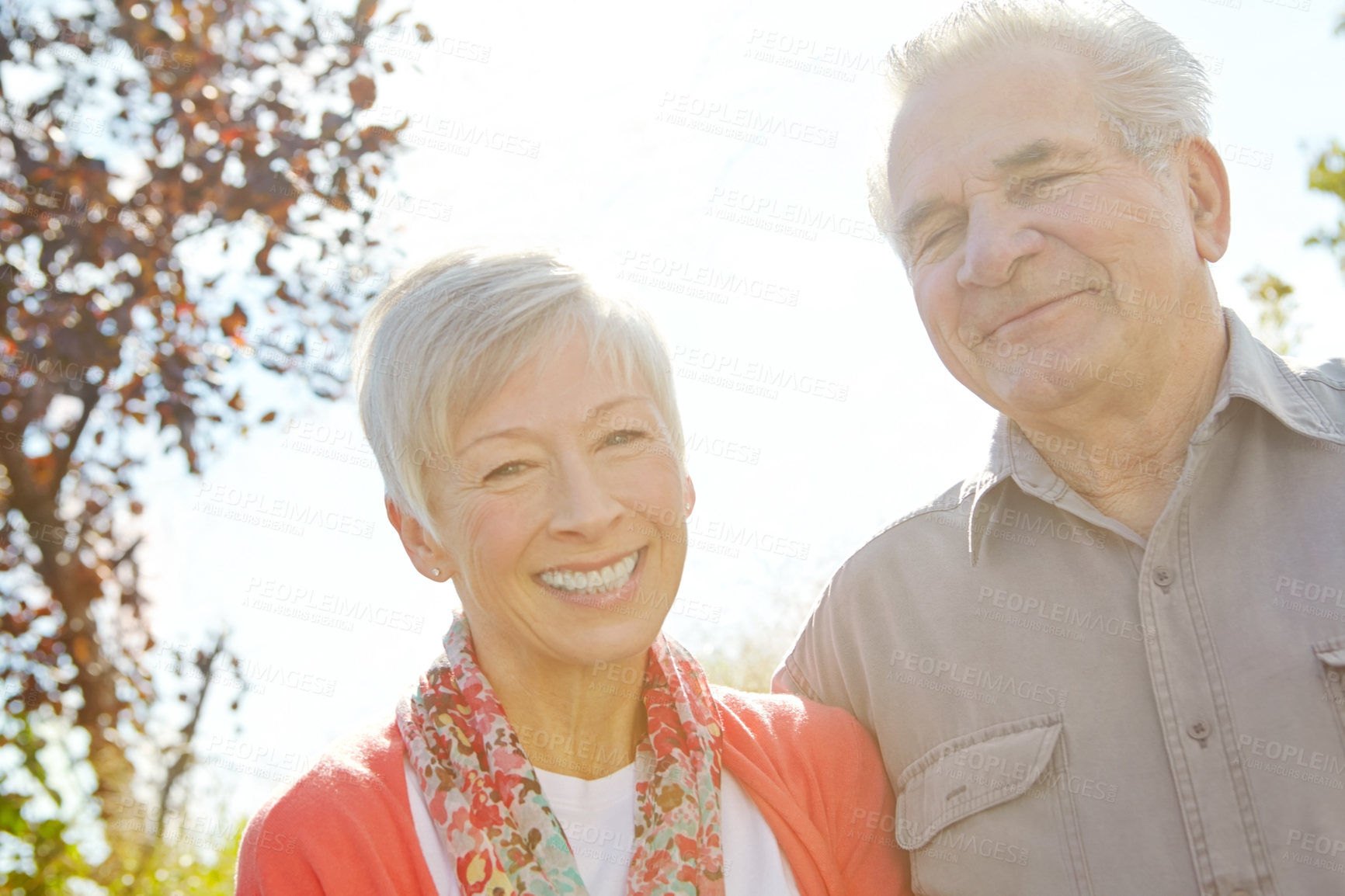 Buy stock photo Portrait, love and senior couple in park, smile and bonding together with retirement. Face, outdoor and elderly man with old woman, relationship and marriage with happiness, care and trust with joy