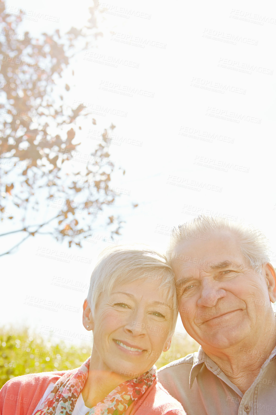 Buy stock photo Portrait, love and outdoor with senior couple, nature and bonding together with retirement. Face, trust and elderly man with old woman, relationship and marriage with happiness, care and romance