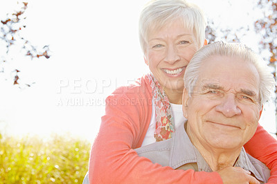 Buy stock photo Hug, love and portrait with old couple in park for retirement, romance and bonding. Support, marriage milestone and spring with senior man and woman in nature for wellness, care and date together