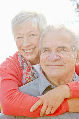 Buy stock photo Hug, date and portrait with old couple in park for retirement, romance and bonding. Support, marriage milestone and spring with senior man and woman walking in nature for wellness, care and smile