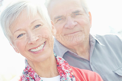 Buy stock photo Close up image of a senior couple smiling at the camera