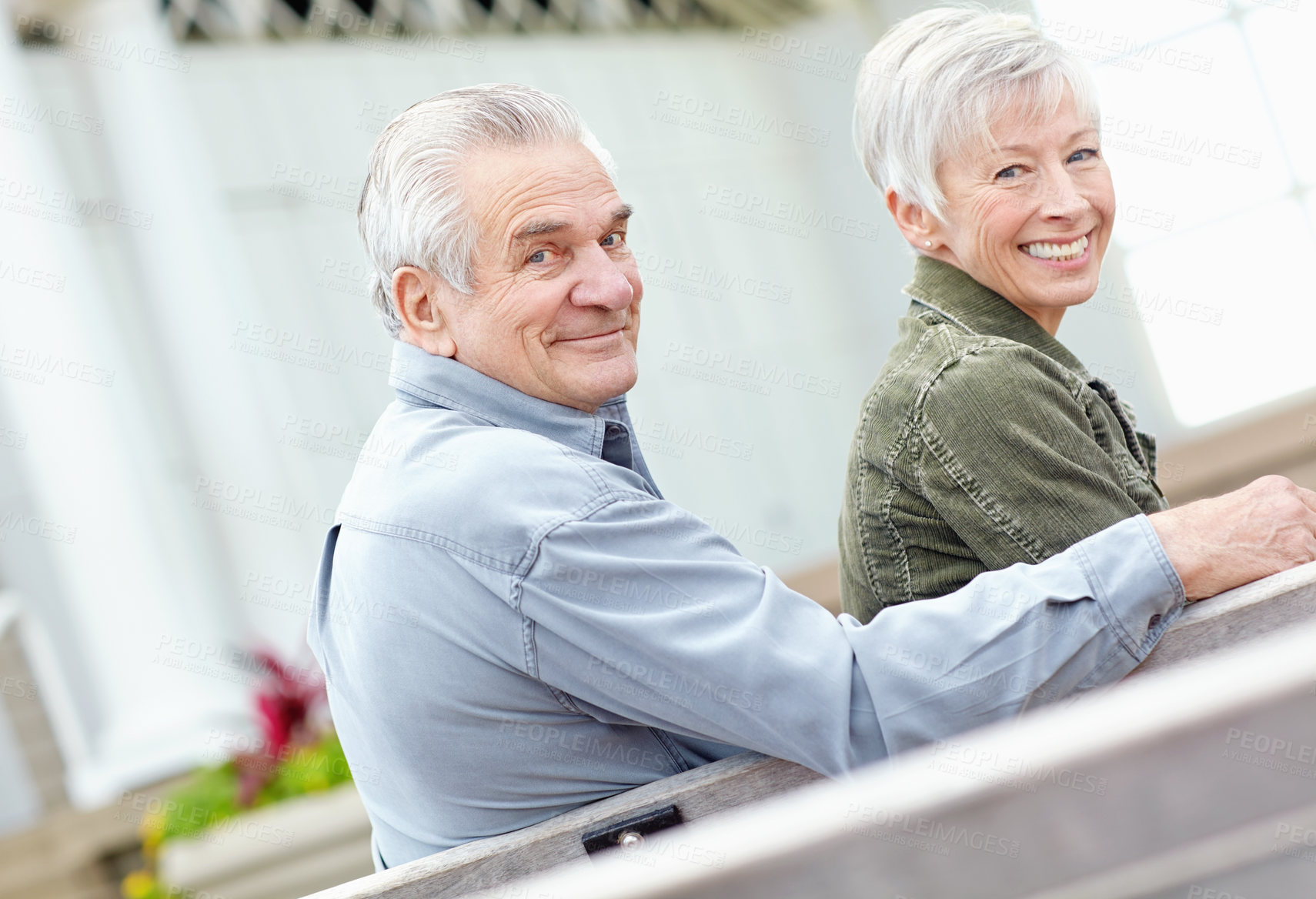 Buy stock photo Mature couple, portrait and smile in park for bonding, conversation and commitment together outdoors. Retirement, marriage and senior man and women in nature on bench for love, care and connection