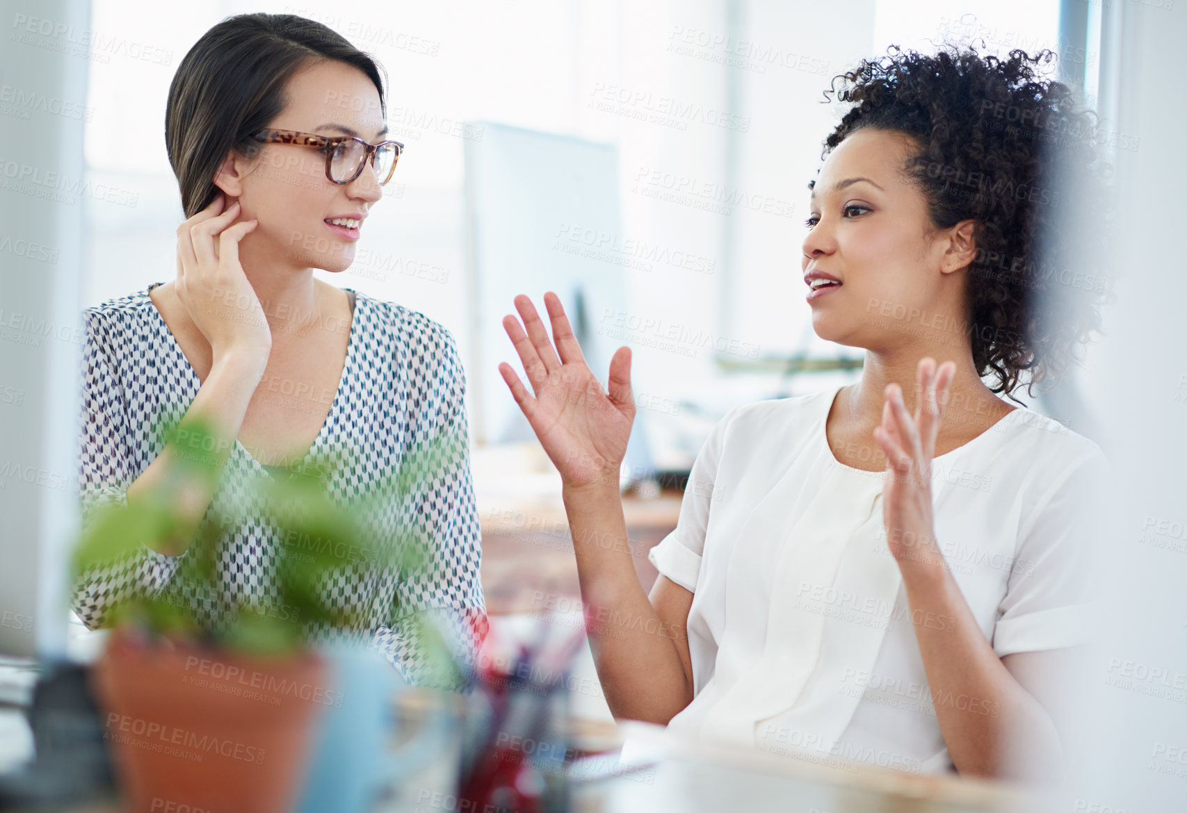 Buy stock photo Ideas, support and women in creative office together for project partnership conversation at digital agency. Teamwork, plants and sustainable business people consulting for eco friendly design advice