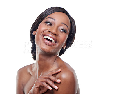 Buy stock photo A beautiful young woman with bare shoulders posing against a white background